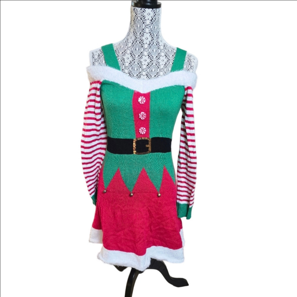 Christmas Green and Red Elf Sweater Dress - Picture 3 of 8